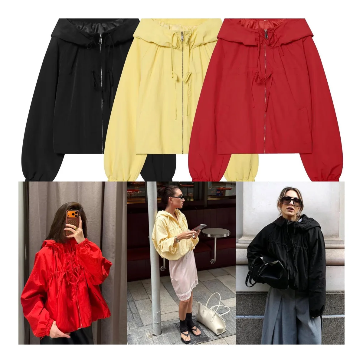 Guobioziy Women's Jacket 2026 New Red Long-Sleeve Drawstring Hooded Zip-Up Cardigan Fashionable Street Style Casual Versatile