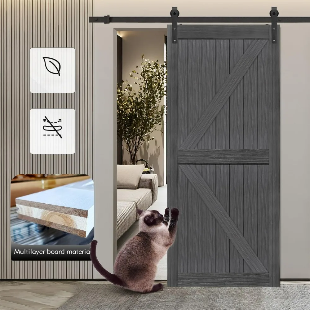 Porte de grange noueuse britannique en MDF gris foncé 36 x 84 avec kit de quincaillerie de 6,6 pieds pour l'assemblage de porte coulissante