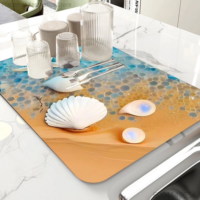

Hot Sale Vibrant Coastal Seashell Drying Mat Non Slip Absorbent Heat Resistant Kitchen Countertop Sink Protector Mat