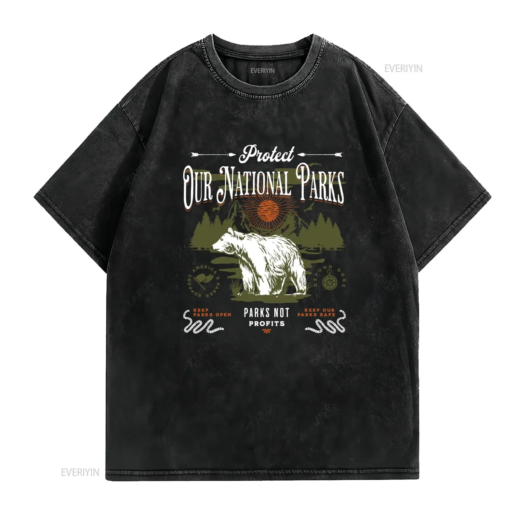 Vintage Retro Protect Our National Parks Grizzly Bear Mountain Outdoor Casual T Shirt vintage Washed Versatile fashion Slightly