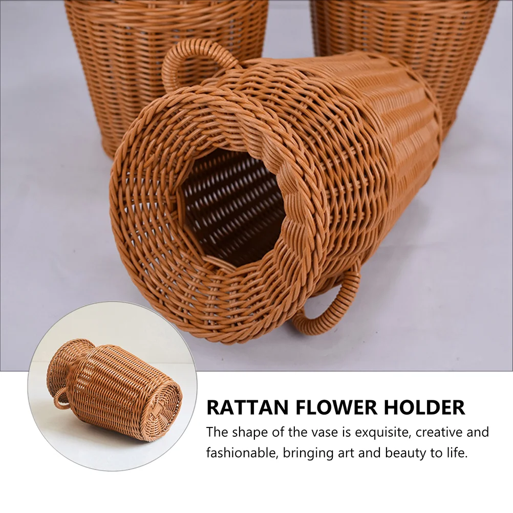 Brown Fake Flowers Rattan Hamper Imitation Vase Basket Storage Container Terrarium