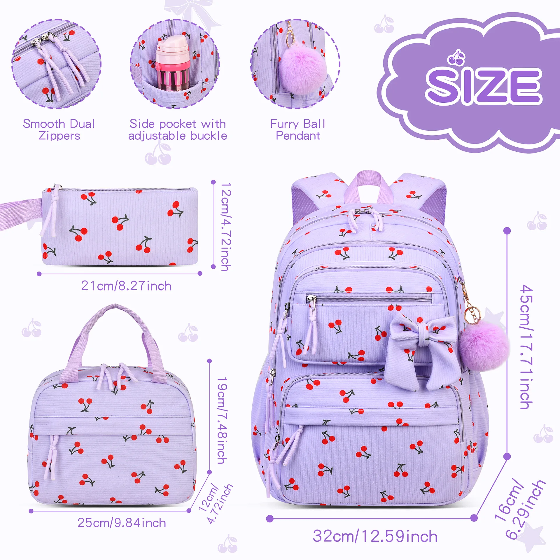3pcs/set School Backpack for Girls Cherry Pattern Primary School Girl Corduroy Backpack Kids Bookbag Lunch Bag Pencil Bag Set