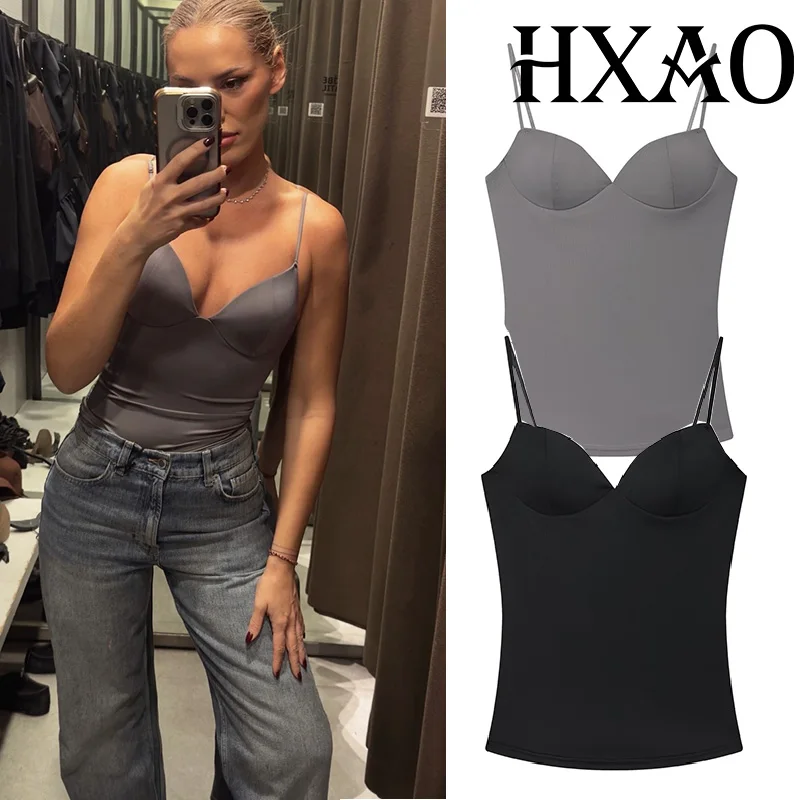 HXAO Sleeveless Slip Top Women Corset Crop Tops Woman Party Bustier Gray Brown Black Top Female Backless  Camisole Bra Top