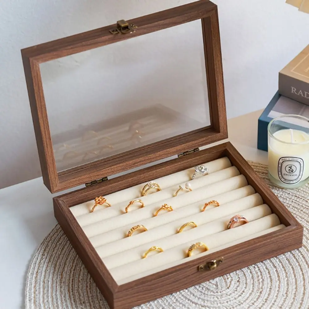 

Multipurpose Elegant Wood Jewelry Box Velvet Dust-proof Earrings Display Tray Glass Lid Storage Box Ring Display Holder Desk