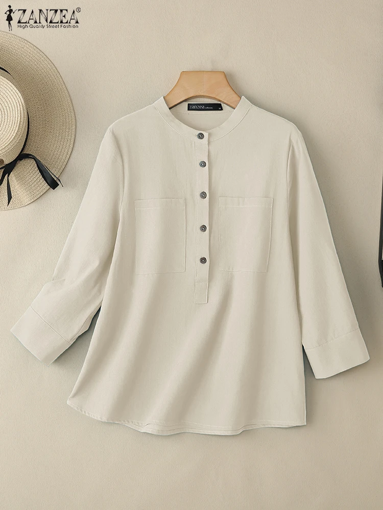 

ZANZEA Summer Vintage Cotton Shirts Women 3/4 Sleeve Solid Blouse Casual Buttons Tunic Tops Elegant Work OL Blusas Loose Chemise