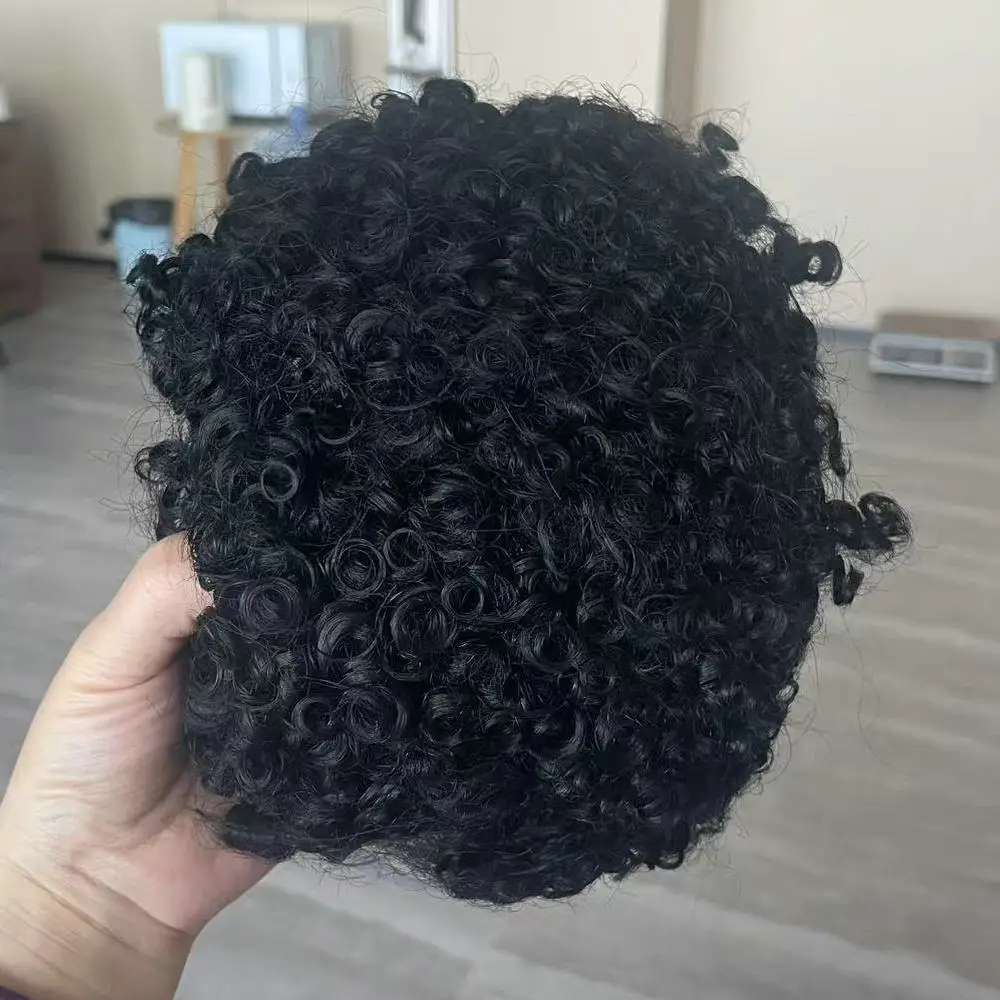 15mm Afro-Locken Echthaar-Perücken, dünne 0,1mm Haut, Voll-PU-Basis, unsichtbares, langlebiges Herren-Toupet, Haarersatz – Detail 3