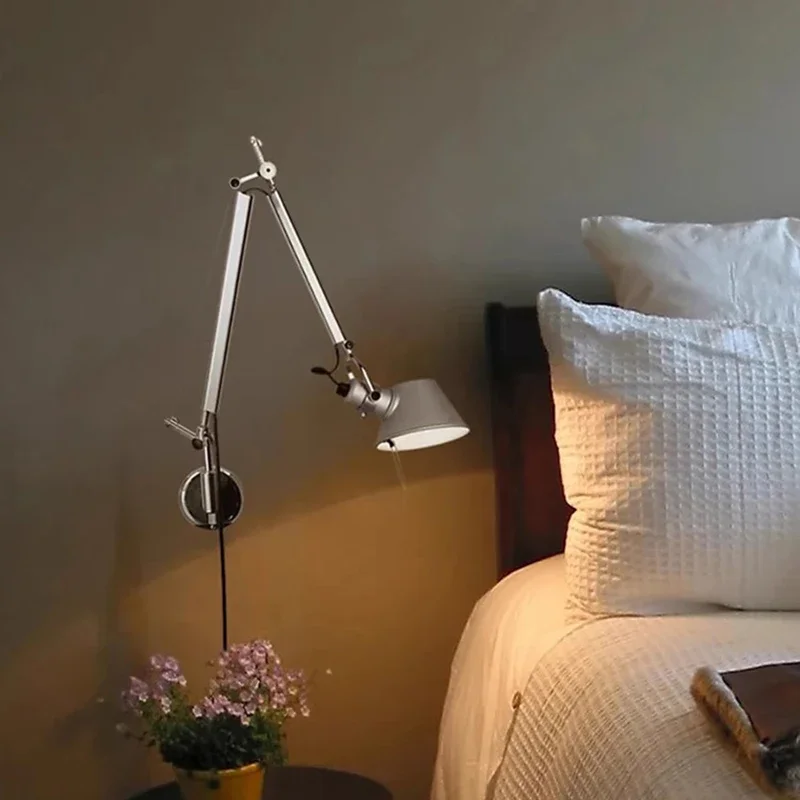 Modern Long Arm Wall Lamp Silver Black Metal E27 Bulb With Switch Rotatable For Bedroom Reading Study Parlor Sconce