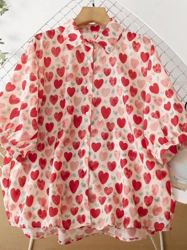 

Anti-Aging Heart Print Turn-down Collar Short Sleeve Women's Shirt Summer New Style Dopaamine White Single Button Trendy Top
