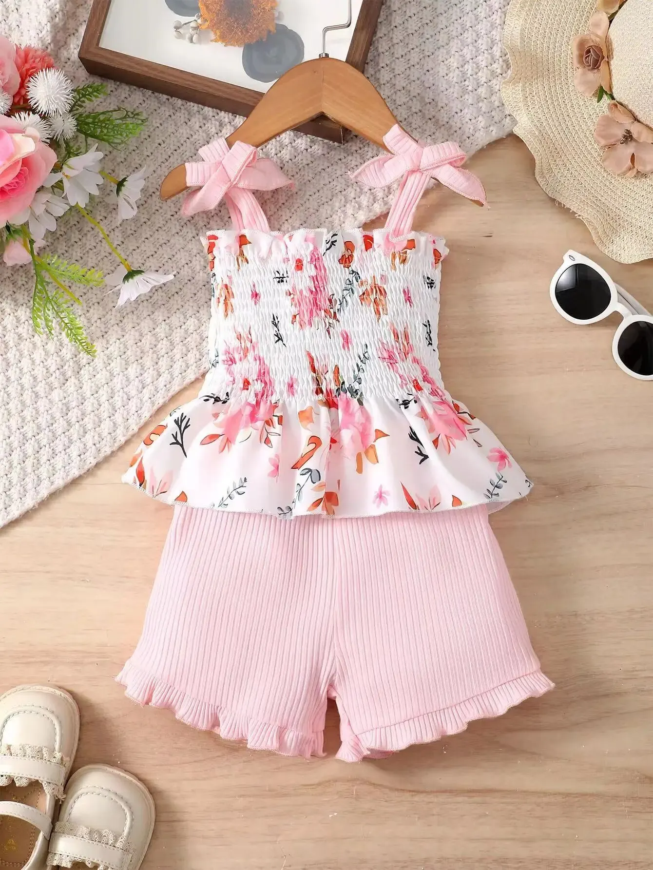 2 Pcs Summer Girls Camisole Floral Top Lace Shorts Casual Suit Sweatshirt Suit For Party Outdoor