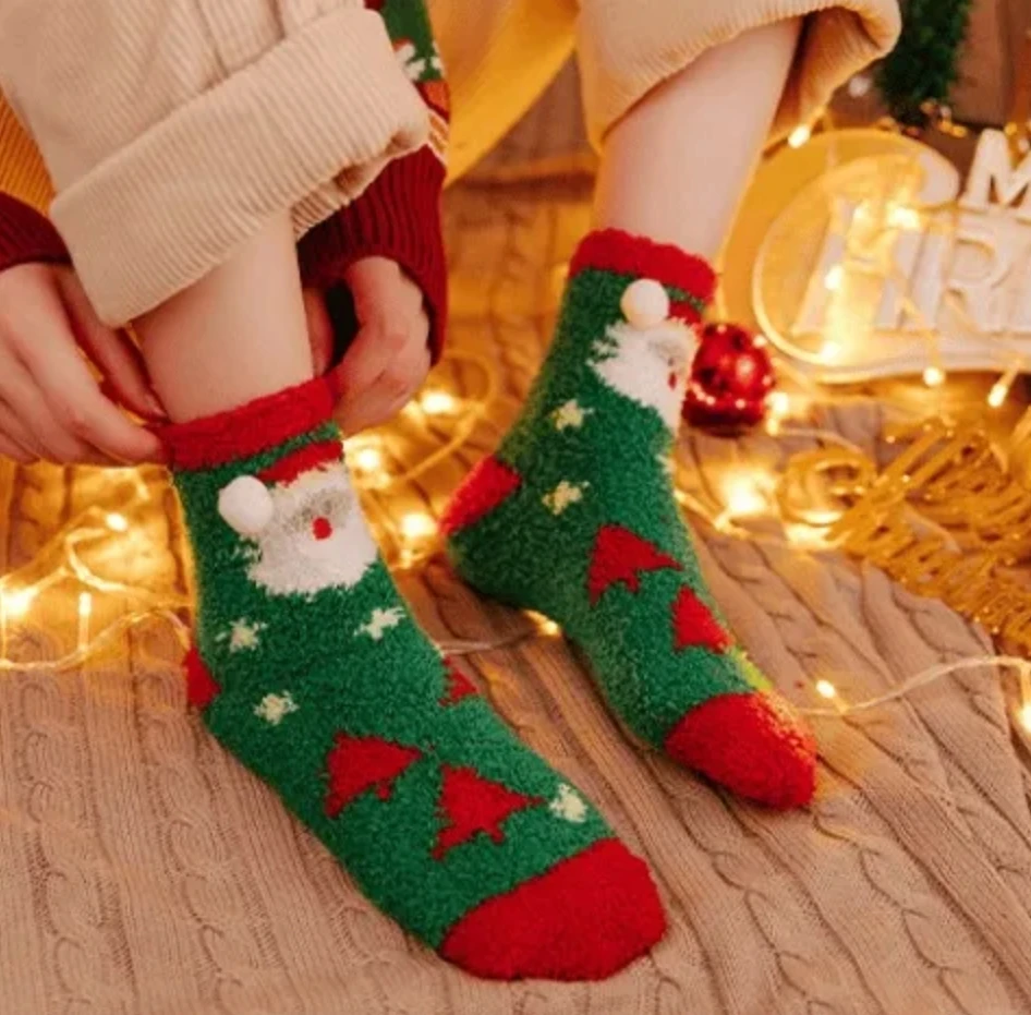 Winter Coral Velvet Christmas Socks Women\'s Soft Thickened Warm Cartoon Cute Santa Claus Kids Christmas Gift Floor Sleep Socks