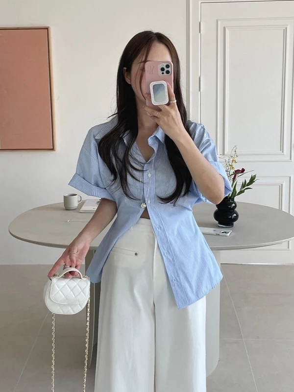 

Blue Striped Women's irt Korean Sle Summer Slim Fit Single Button Design High Waist Sensation Office Wear ort Sve