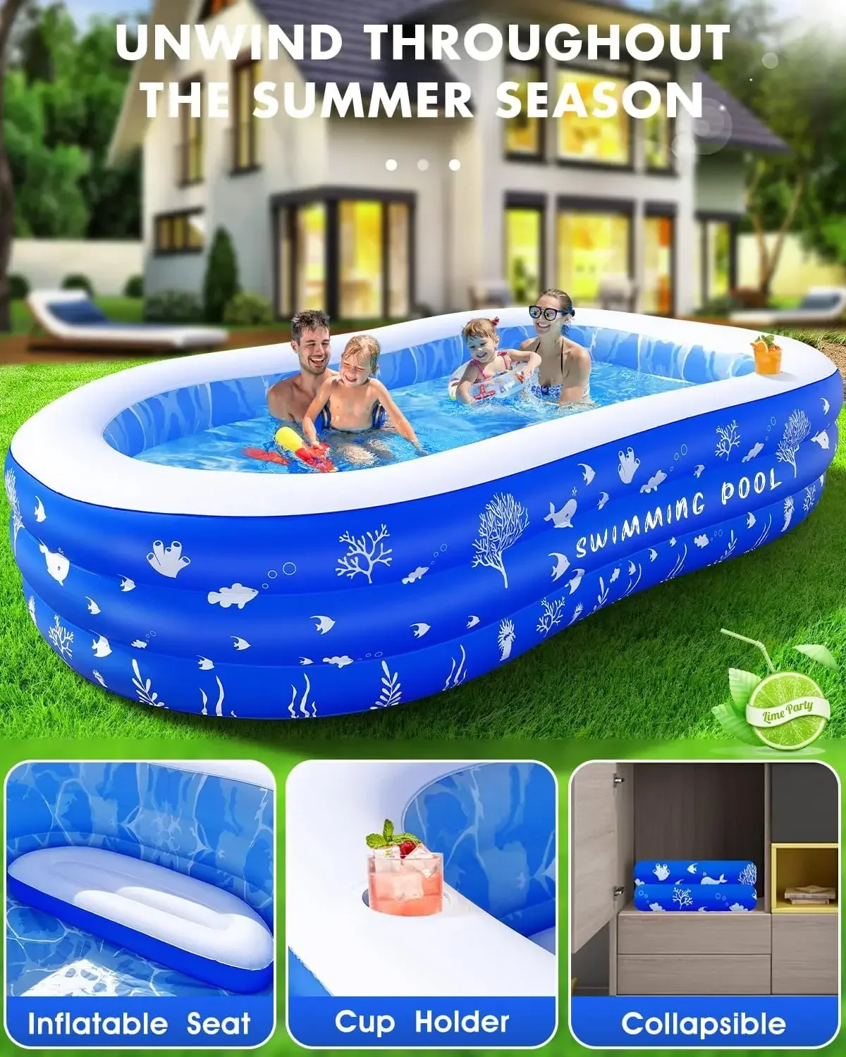 Inflatable Swimming Pool,Thickened Blow Up Pool,Backyard Pool, Above Ground Pool,Large Kiddie Pool for Toddlers