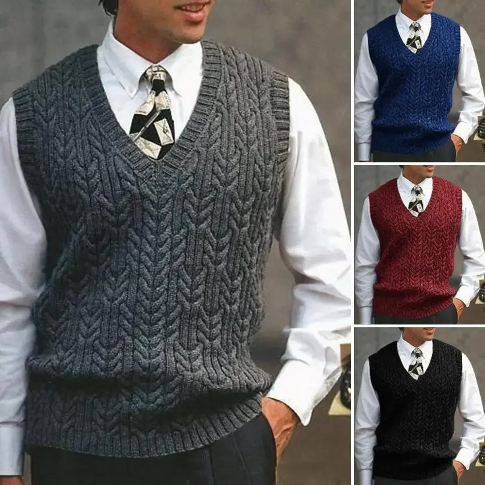 Spring Autumn Men Sweater Vest Pullovers Twist Pattern V Neck Stretchy Men's Sweater Knitting Straight Waistcoat