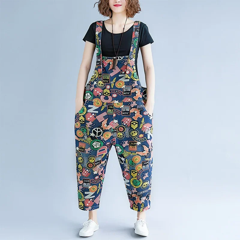 

Korean Women Letter Print Jeans Jumpsuit Ladies Hip Hop Denim Romper Overalls Summer Harem Pants Wide Leg Denim Pants