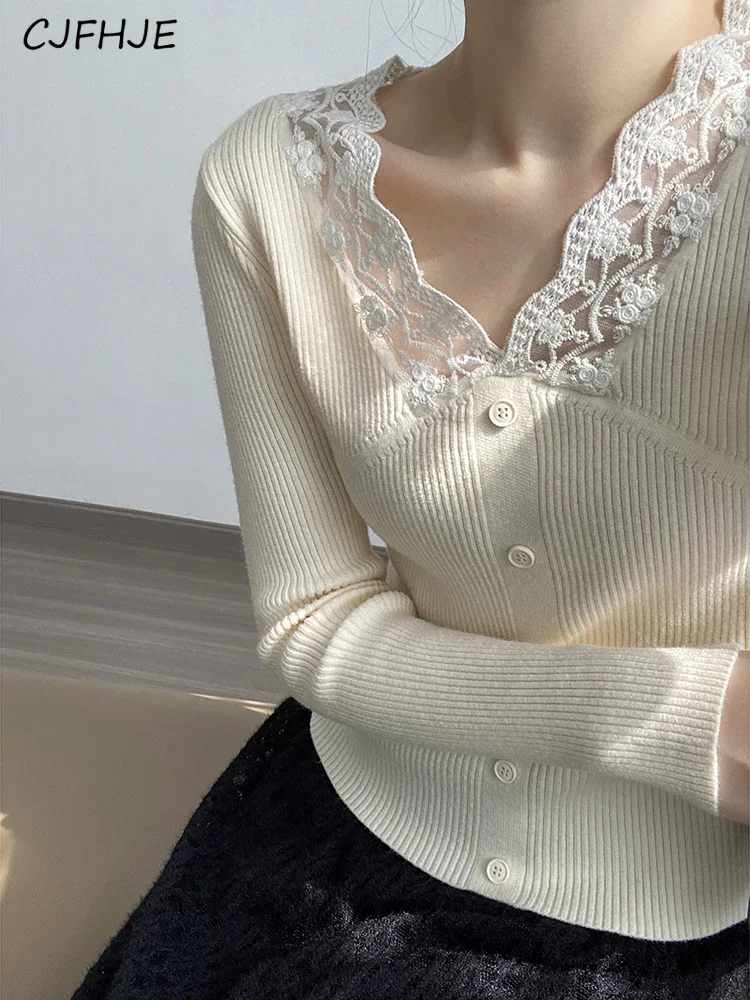 

CJFHJE Red Lace V Neck Slim-Fit Sweaters Women Korean Fashion Long Sleeve Sexy Black Knitted Tops Beige Basic Stretch Pullovers