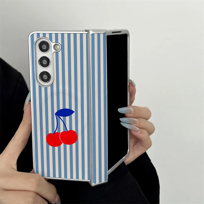 

Cute Cherry Blue Beige Stripe Magnetic Phone case For Samsung Galaxy Z Fold 4 5 6 7 Shockproof Hard Cover Galaxy W26 5G For MagS