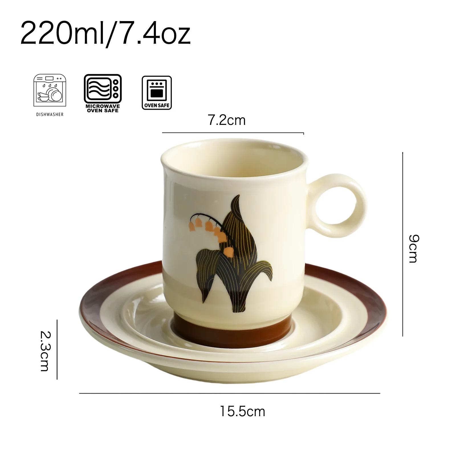 Vintage tulpenmotief, keramische koffiemok, 220 ml, retro bloemenmotief, geschikt voor gebruik in de magnetron, decoratief voor in huis en de keuken, ideaal als cadeau.