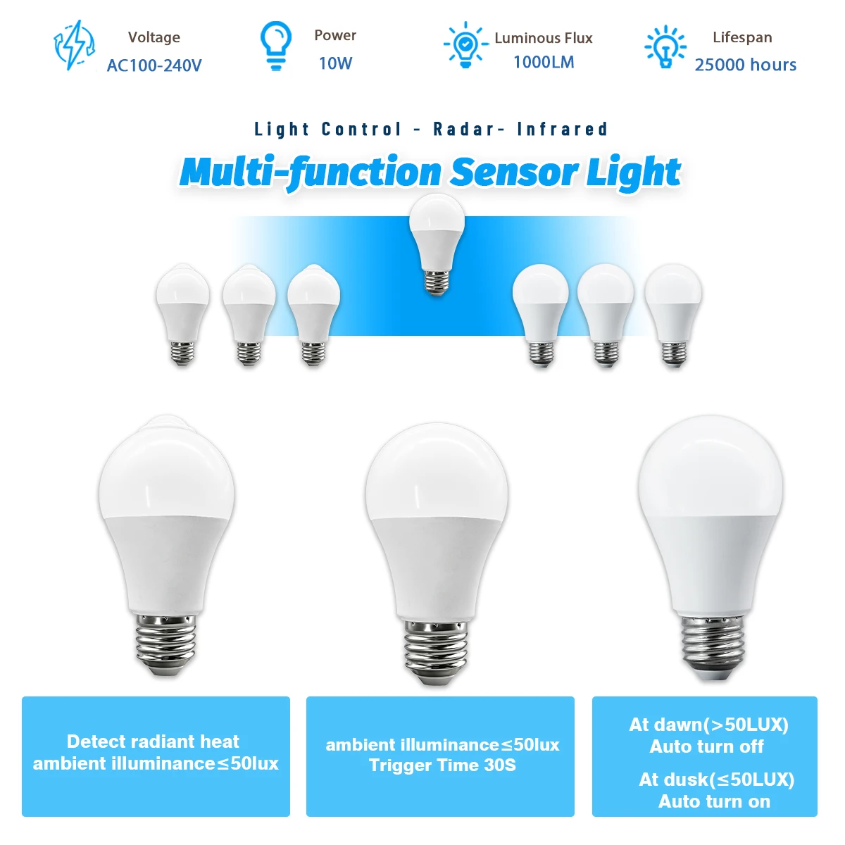

5Pack E27 LED Bulb Light Radar Motion Sensor AC100-240V 10W White Lamp Working in Night Auto on Off for Ooudoor Stairs Pathway