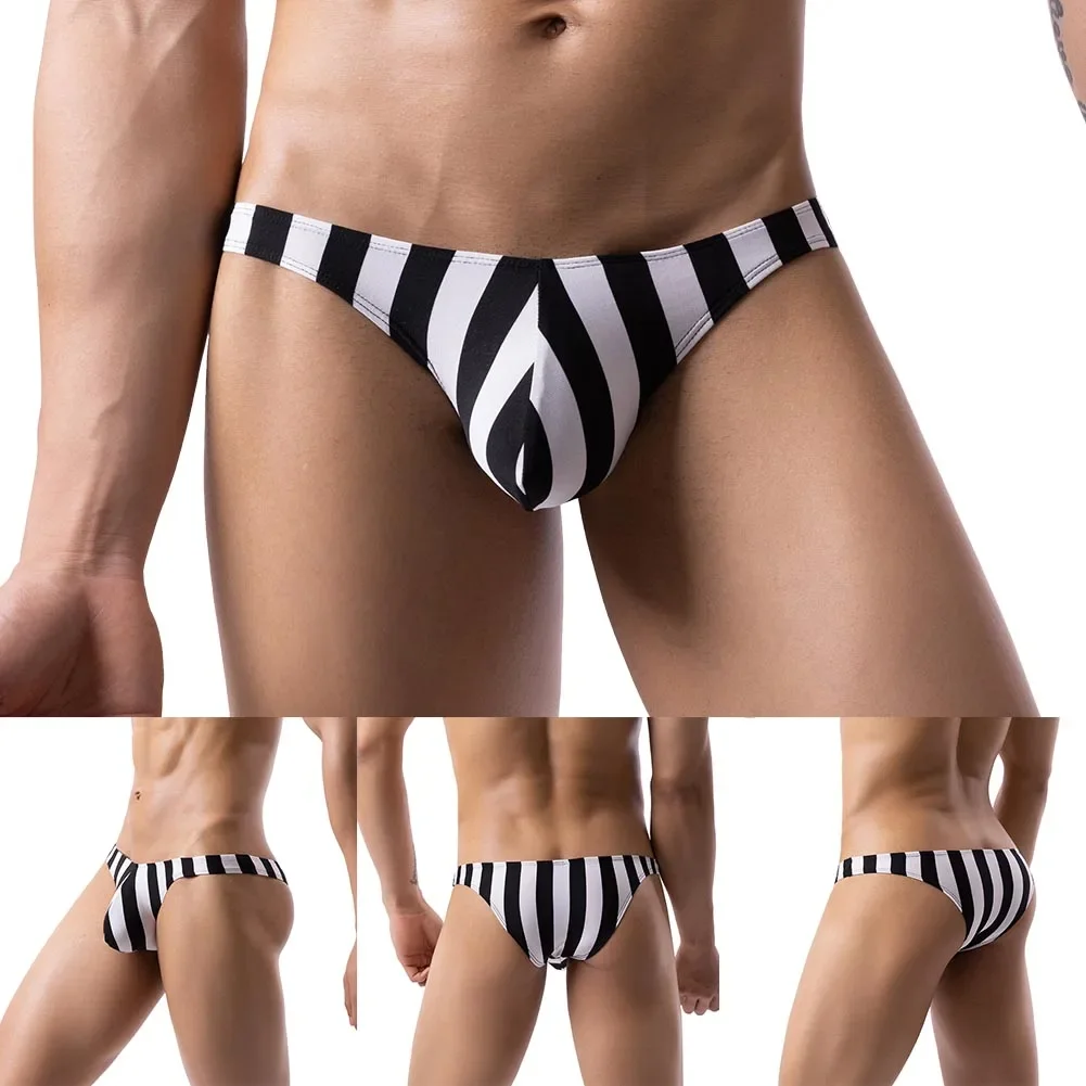 Men\'s Elastic Breathable Black White Striped Low Rise Bulge Pouch Briefs Swimwear Bikini Thong Underwear Man Underpants