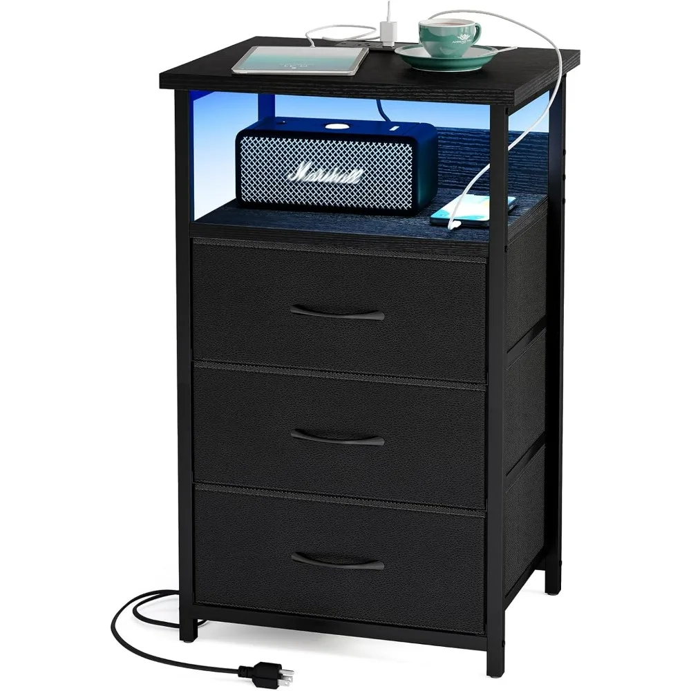 

Night Stand with Charging Station, LED Nightstand with USB Ports and Outlets, 3 Fabric Storage Drawers with PU Finish