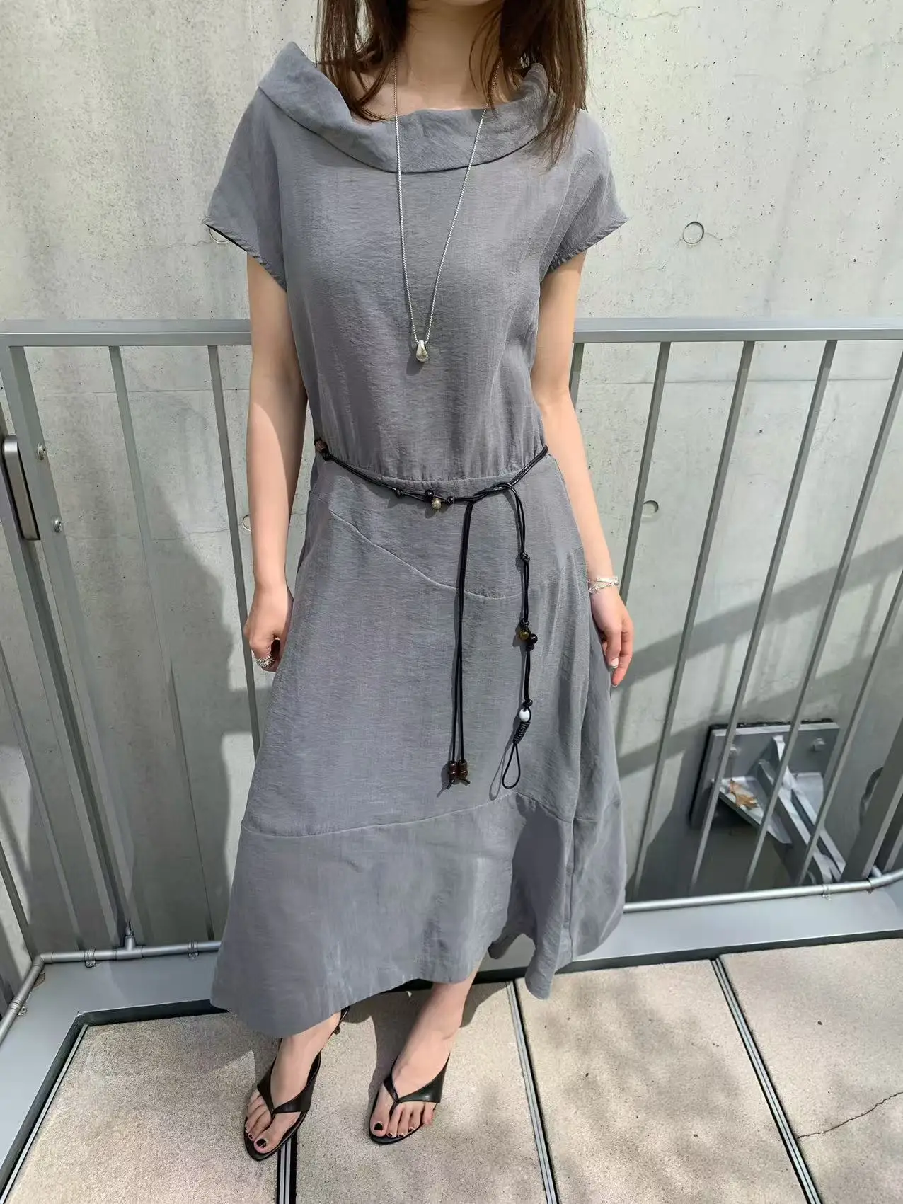 

Lilian Fueeh Summer New Slimming Patchwork Dress with Belt High Waist A-Line Skirt Short Sleeve Casual Wear for Ladies