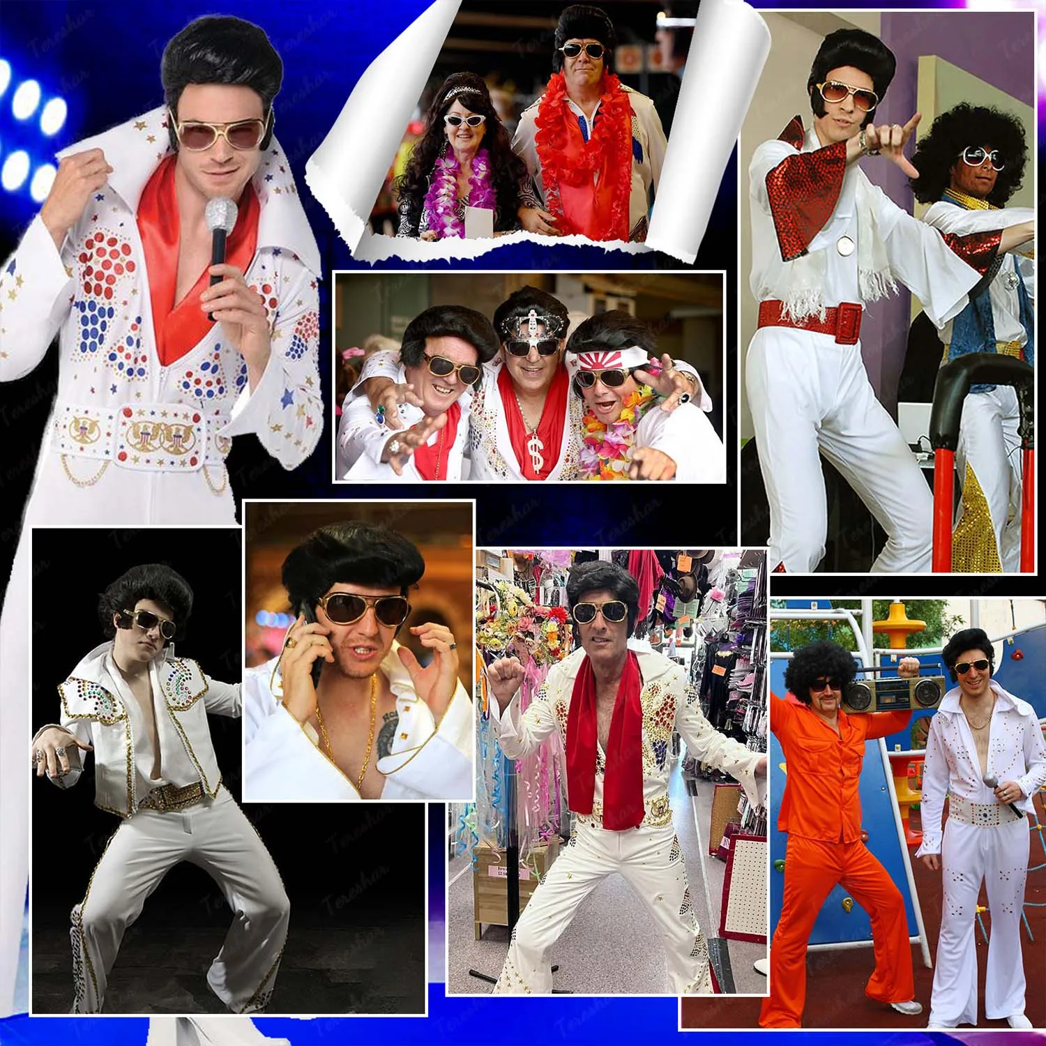 Synthetic 4pcs Set 50s Rock Wig with Sunglasses and Necklace for Men Elvis Cosplay Wig Singer Rocker  Costume Wig for Party view 2