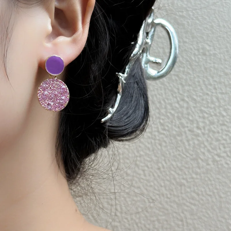 925 Silver Needle Earrings Sales Korean Edition Purple Crystal Light Luxury Geometric Circle Dropping Fashion Design Earrings
