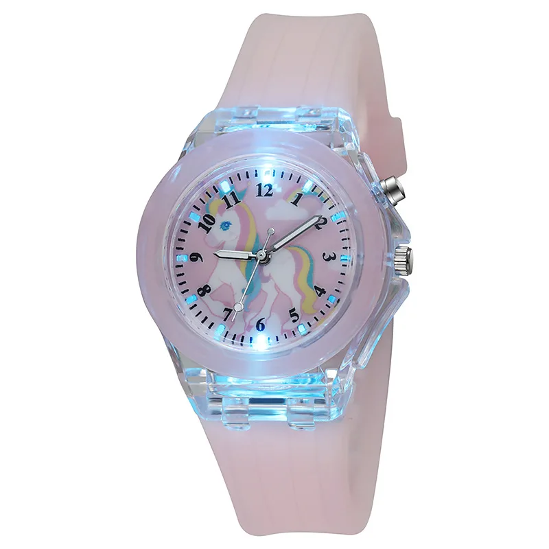 1PCS Girl Cute Student Little Fresh Unicorn Pink Light Quartz Silicone Watch +1Pcs Burst Bead Bracelet +1Pcs Pink Box Set