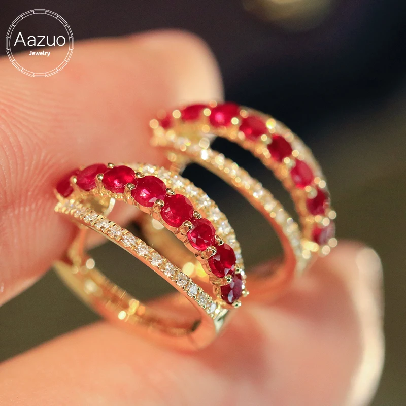 

Aazuo Real Jewelry 18k Solid Yellow Gold Natural Ruby Real Diamond Fairy Hoop Earring Gift For Girls & Woman Birthday Party