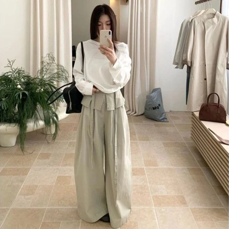 

HOUZHOU Korean Style Pants Women Vintage Fake Two-Piece Baggy Skirt Pants Casual High Waist Fashion Patchwork Wide Leg Trousers