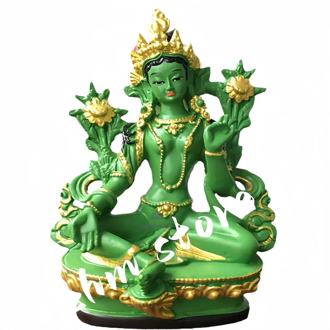 13.5cm Resin Colored Painted Talisman Efficacious Family Protection Nepal/Tibetan/Indian Green Tara Bodhisattva Buddha Statue