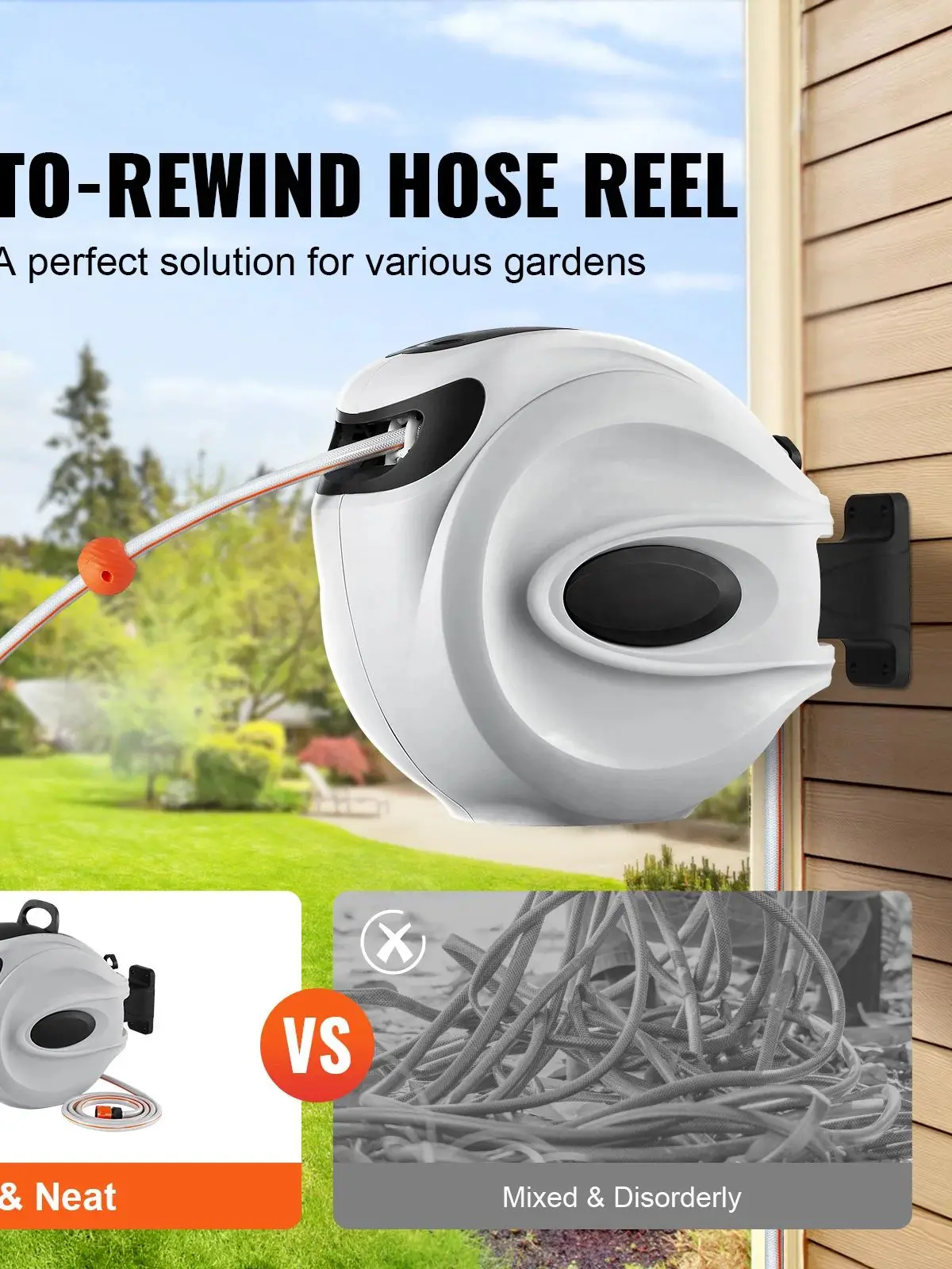 SucceBuy Enrouleur de tuyau rétractable 1/2 pouces 180 ° Enrouleur de tuyau d'eau de jardin mural à support pivotant avec buse à 9 motifs et 3 rapides
