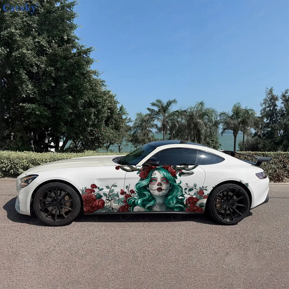 2pcs Branches Horned Figure & Skull Car Side Wrap, Self-Adhesive PVC Waterproof & Scratch-Resistant Stickers, Car Accessory Gift