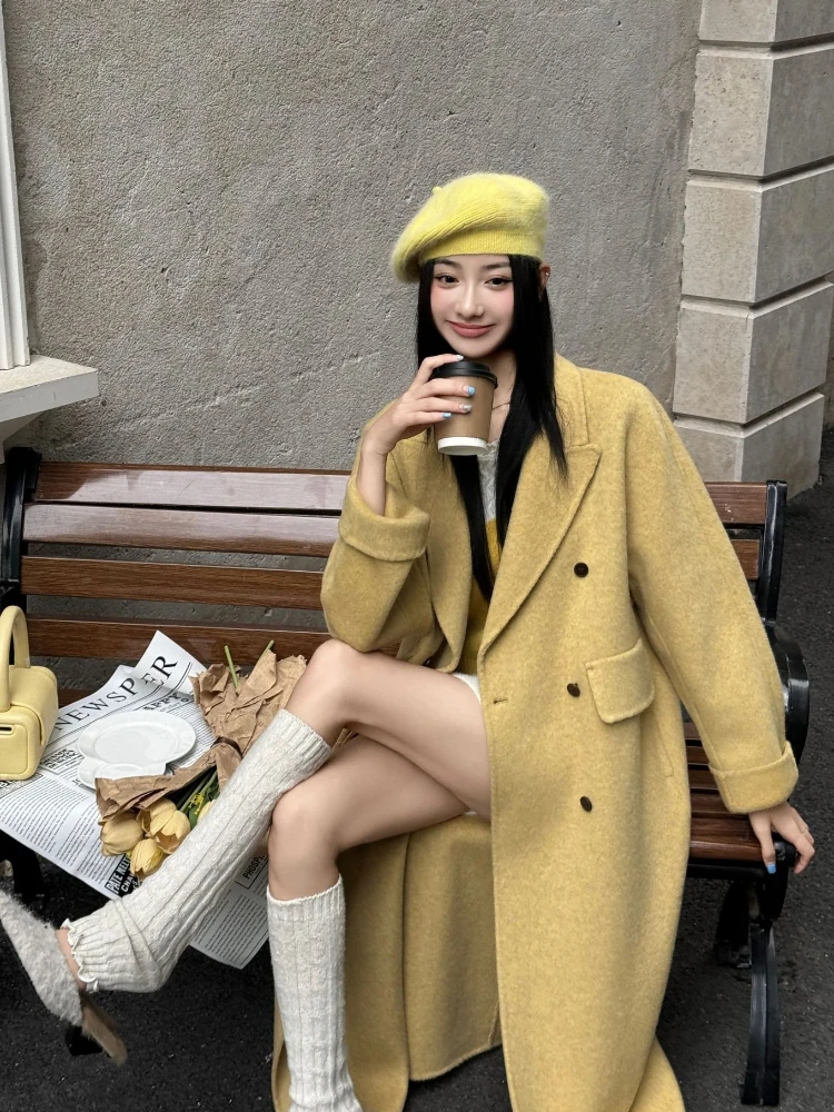 مكتب سيدة السترات الصوفية 2025 الخريف والشتاء دعوى طوق مزدوجة الصدر فضفاضة معطف طويل المرأة 100% الصوف معاطف أبلى #4