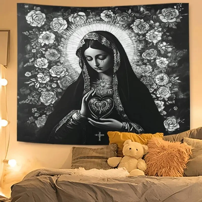 VIKAMA Sorrow Virgin Mary Tapestry Black White Sacred Heart Rose Wall Hanging Gothic Vintage Art Bedroom Decor