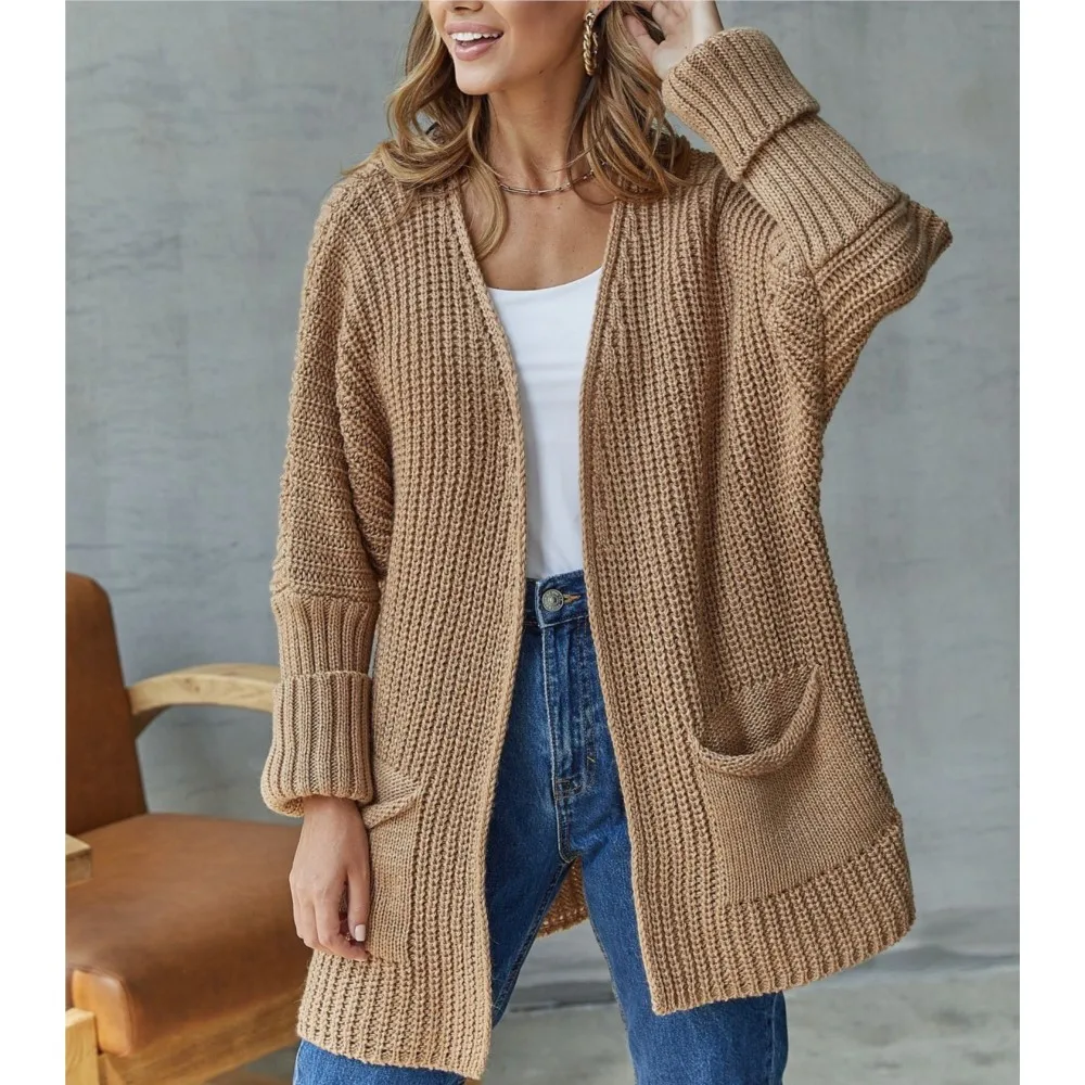 

Solid Color Knitted Sweater Long Sleeved Sweater Women's Commuting Loose Mid Length Jacket Pocket Casual Cardigan Ropa Mujer