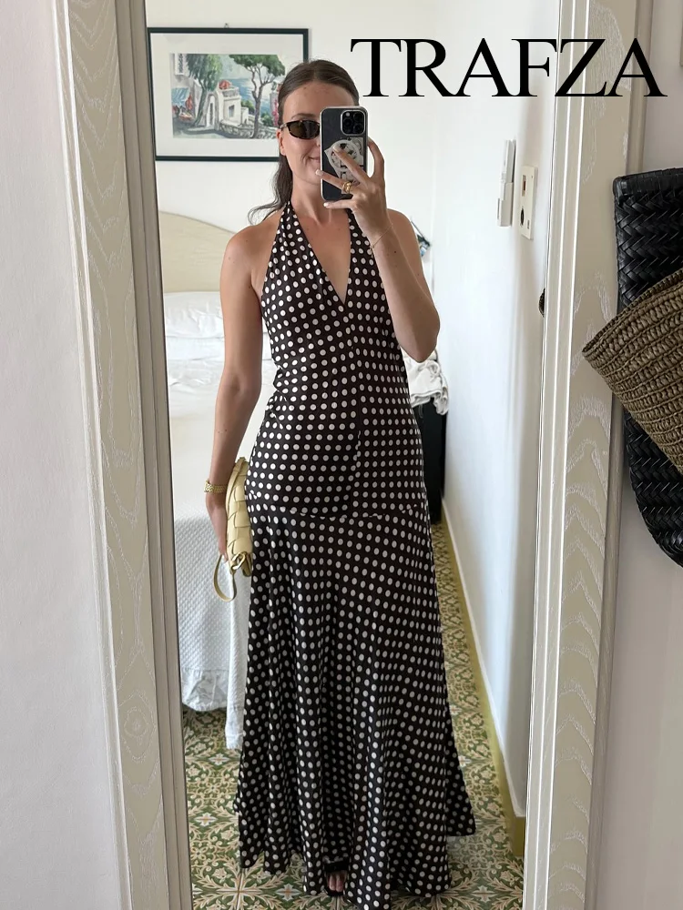 TRAZFA Women Summer Fashion Vintage Halter Neck Lace Up Polka Dot Print Dress Female Sexy Backless High Street Slim Dress Mujer