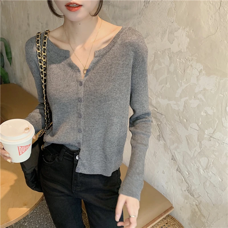 

Early Autumn New Hong Kong Style Simple Solid Color Long Sleeve Knitted Cardigan Outer Wear Slim Fit Slimming Top Coat Women's