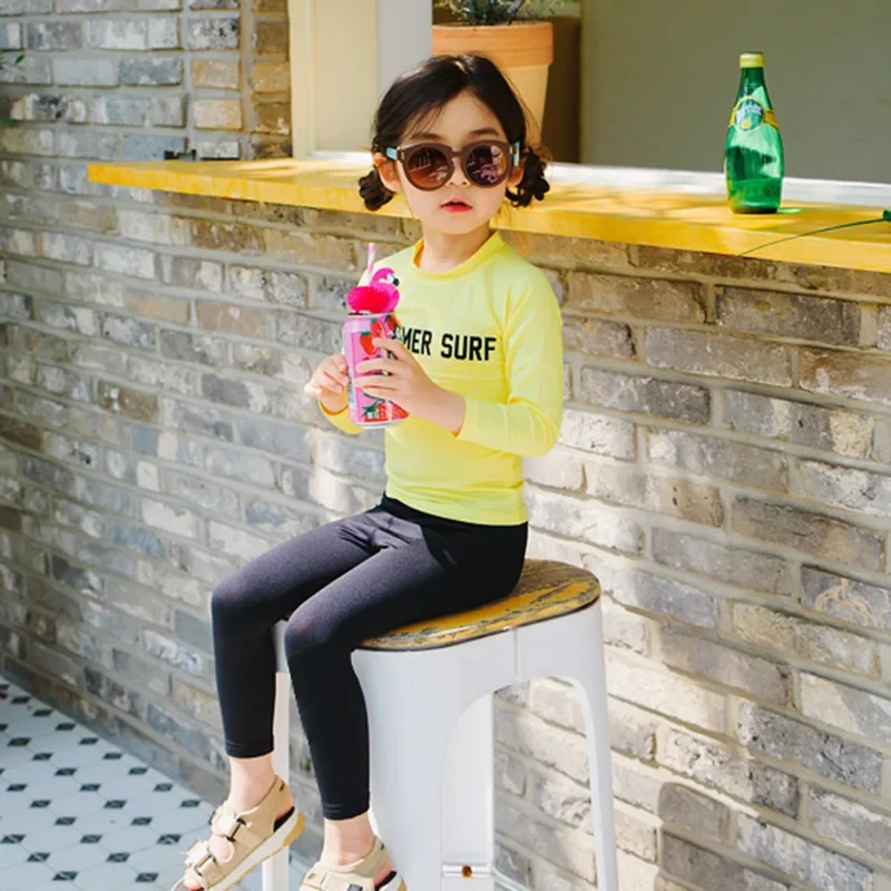 2025 New Children's Sunscreen Swimsuit Boys and Girls Long Sleeve Long Pants Split Yellow and Black Quick Drying Swimsuit