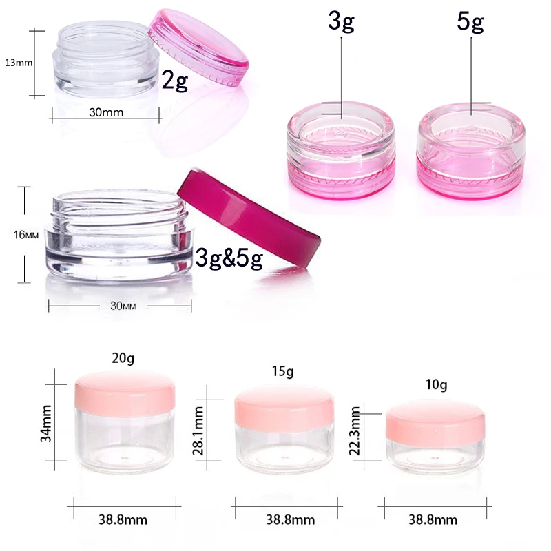 5 pz 2g/3g/5g/10g/15g/20g vaso di trucco cosmetico di plastica vuoto vasi bottiglie di campione trasparente ombretto crema balsamo per le labbra