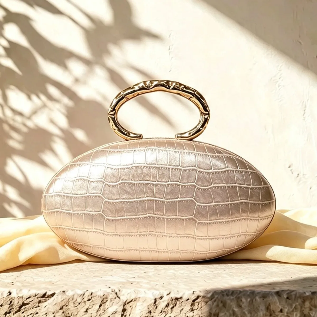French light luxury oval clutch bag PU texture advanced cold-tuned metal ring handle simple dinner bag