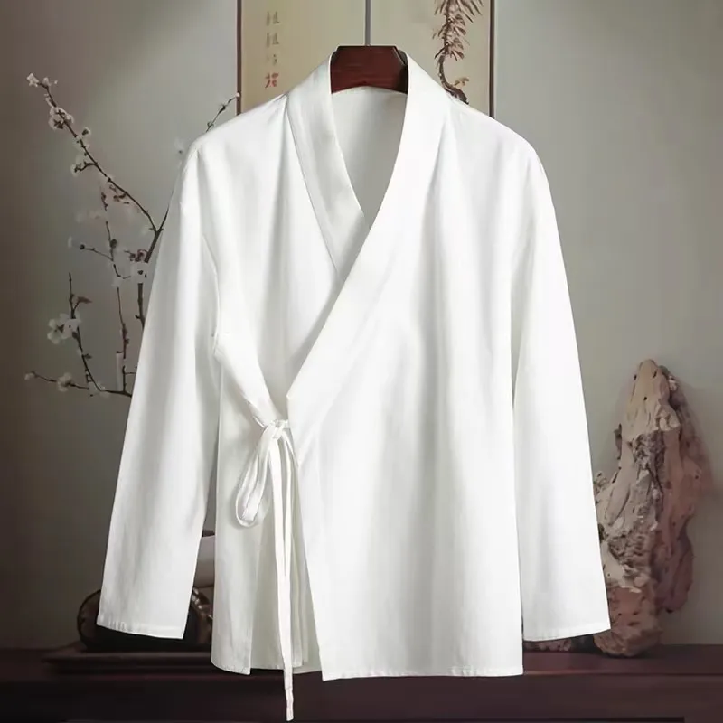 

New Chinese retro national style men women's cross collar long sleeve Tang suit blouse loose Lace-up daily Hanfu shirt