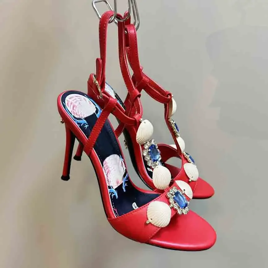 

Summer Hot Sale Women's Red High Heel Sandals Stiletto Shell Rhinestones Design Comfortable Buckle Party Lady Dress Shoes