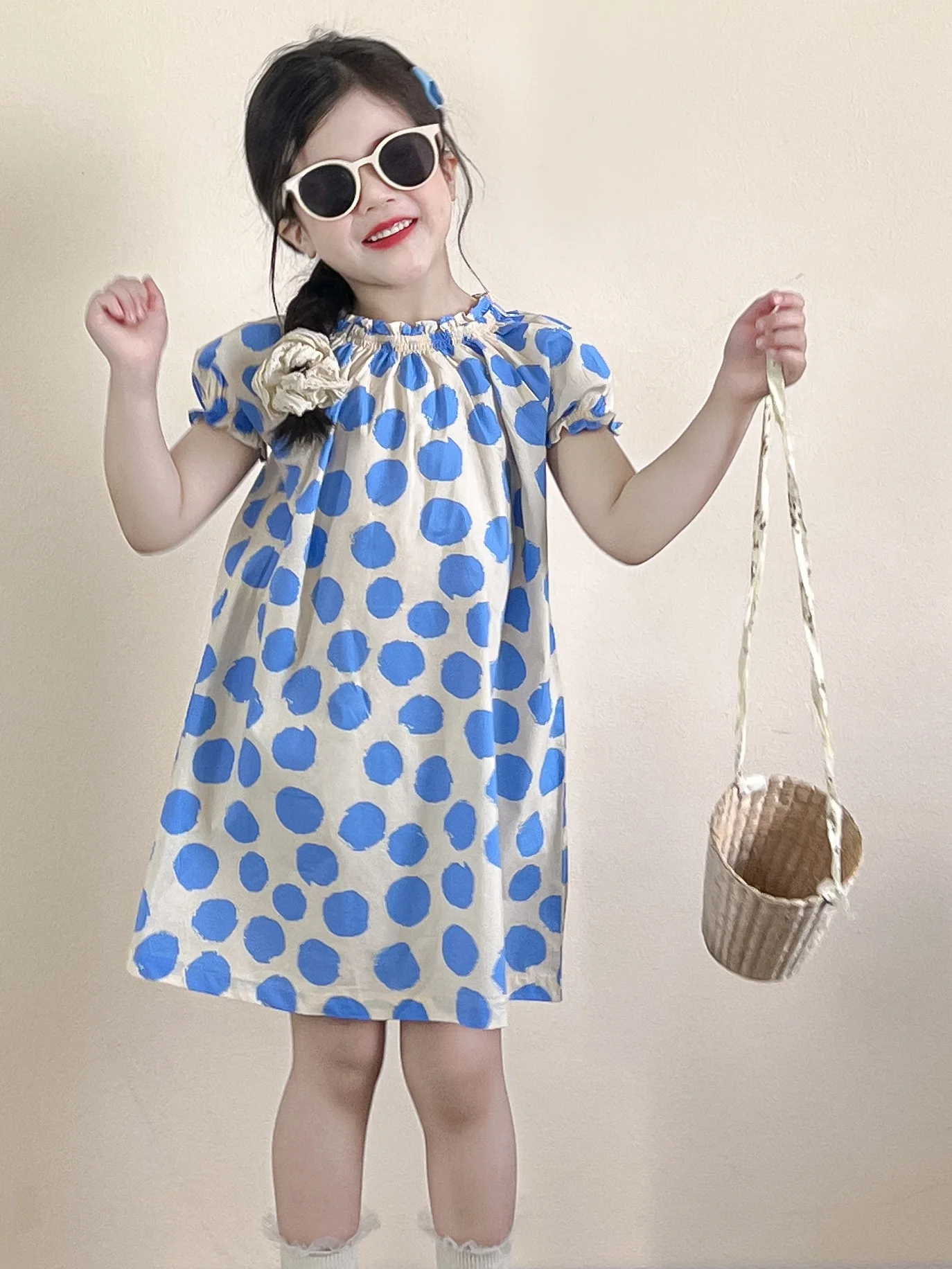2025 Girls Summer Small Fresh Blue Polka Dot Loose Dress Fungus Edge Collar Bubble Short Sleeve Princess Dress