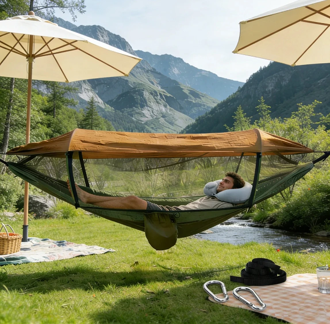 Outdoor Camping Double Hammock Auto Quick Open Mosquito Net Canopy Fold Mesh Bed Equipped With Soft Neck Pillow