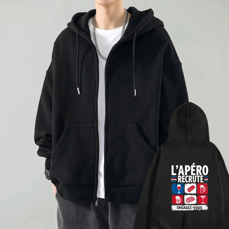 

Mens Hooded Jacket Black L Apéro Recrute Printed Text and Icons Casual Party Streetwear Fashion Zipper Sweatshirt