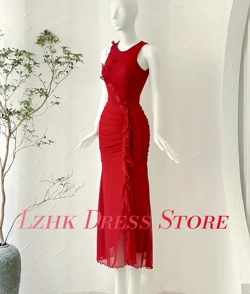 ชุดราตรีผ้าชีฟองทรงเมอร์เมดแต่งระบายโบว์ 3 มิติ คอทรงโอ แขนกุด ความยาวคลุมข้อเท้า สไตล์เซ็กซี่