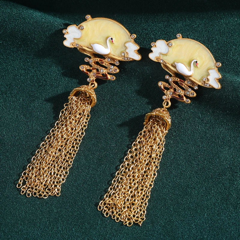 

Vintage Chinese Style Crane Earrings Fan Woman Gold Color Chain Tassel Retro Antique Elegant Luxury Designer Jewelry New 2025