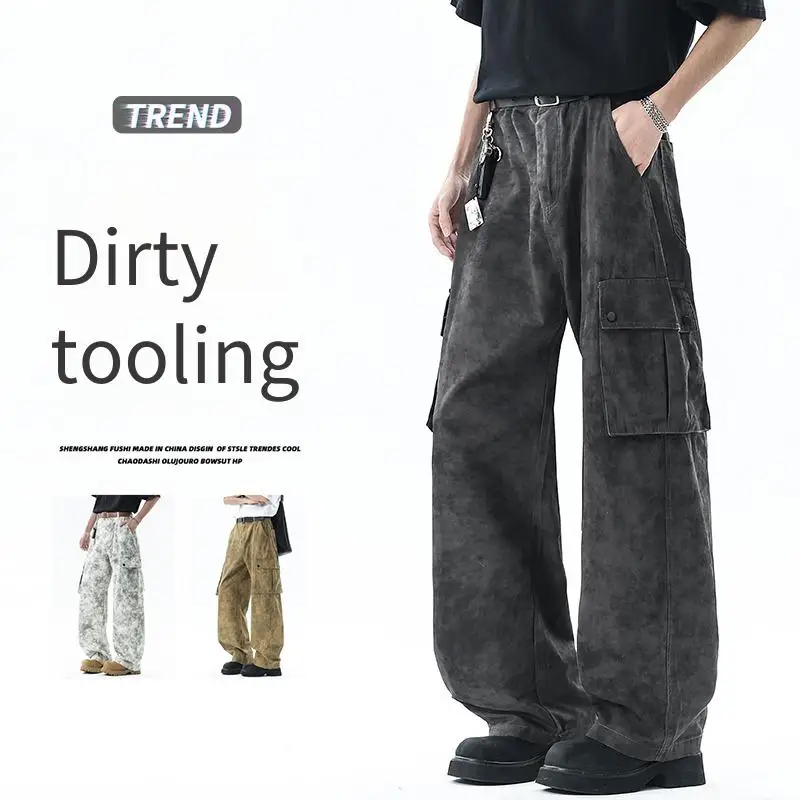 

American Retro Tie-dyed Dirty Pants Tactical Pants Man Loose Straight Workpiece Pure Cotton Vevor Work Trousers Men Pant Sets
