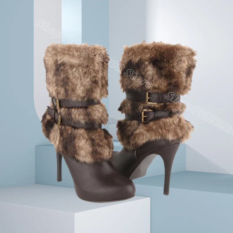 

Brown Fur Decor Stiletto Winter Boots Belt Buckle Fashion British Style Women Comfortable Short Boots 2025 Zapatos Para Mujere